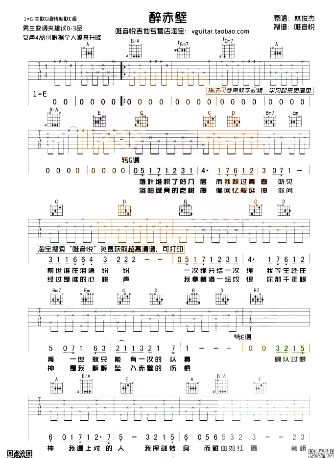 《醉赤壁吉他谱》_林俊杰、火力红组合、苏阳、尉婧姝、陈蓝杰、爱新觉罗·媚、于竞超_C调 图一