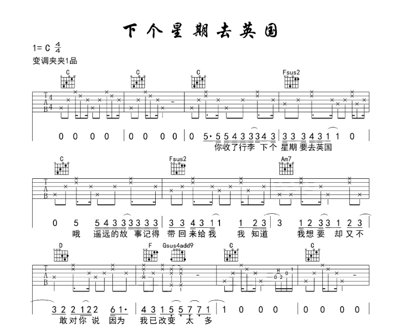 《下个星期去英国吉他谱》_陈绮贞_C调 图一