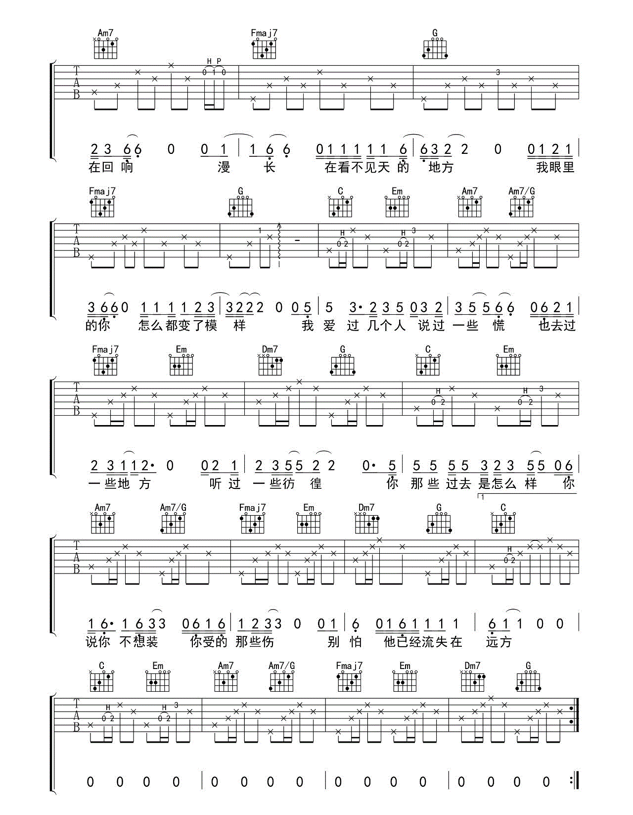 《七月的南方吉他谱》_莫倪moni_莫倪_C调六线谱完整版_C调 图二