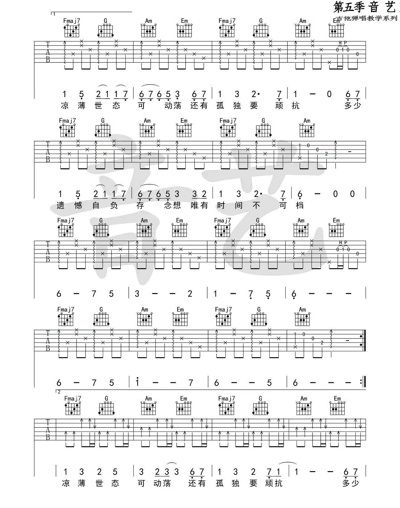 《一如年少模样吉他谱》_陈鸿宇__F调六线谱_F调 图二