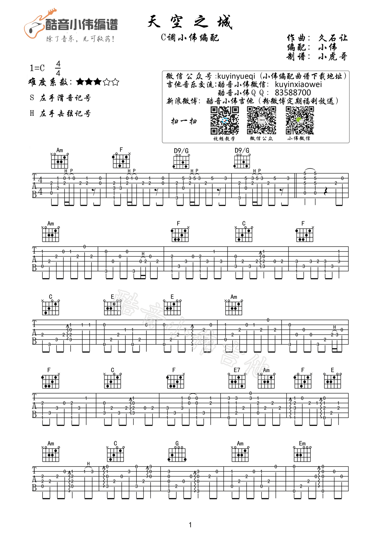 《天空之城指弹谱 C调编配 初学者也能轻松上手吉他谱》_久石让_C调 图一